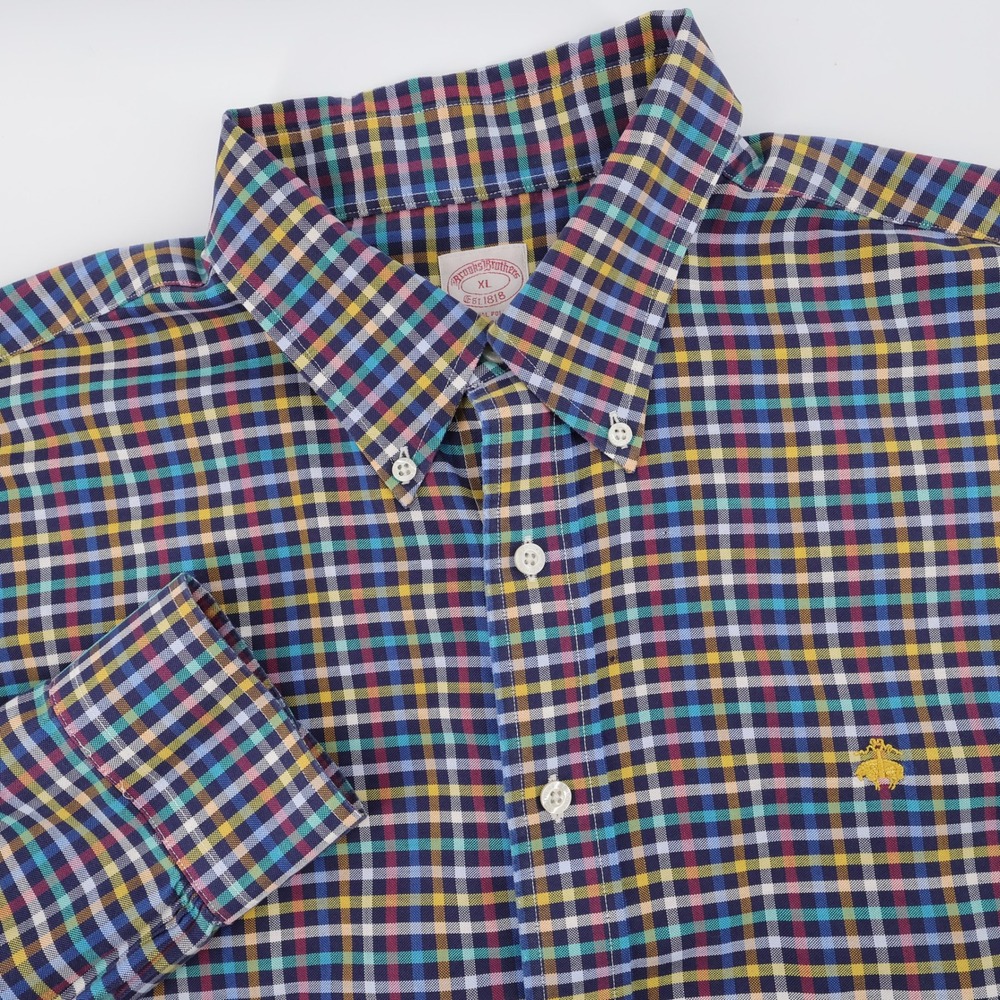 Brooks Brothers Tattersall Button Down Shirt Multi Long Sleeve Mens XL FLAW